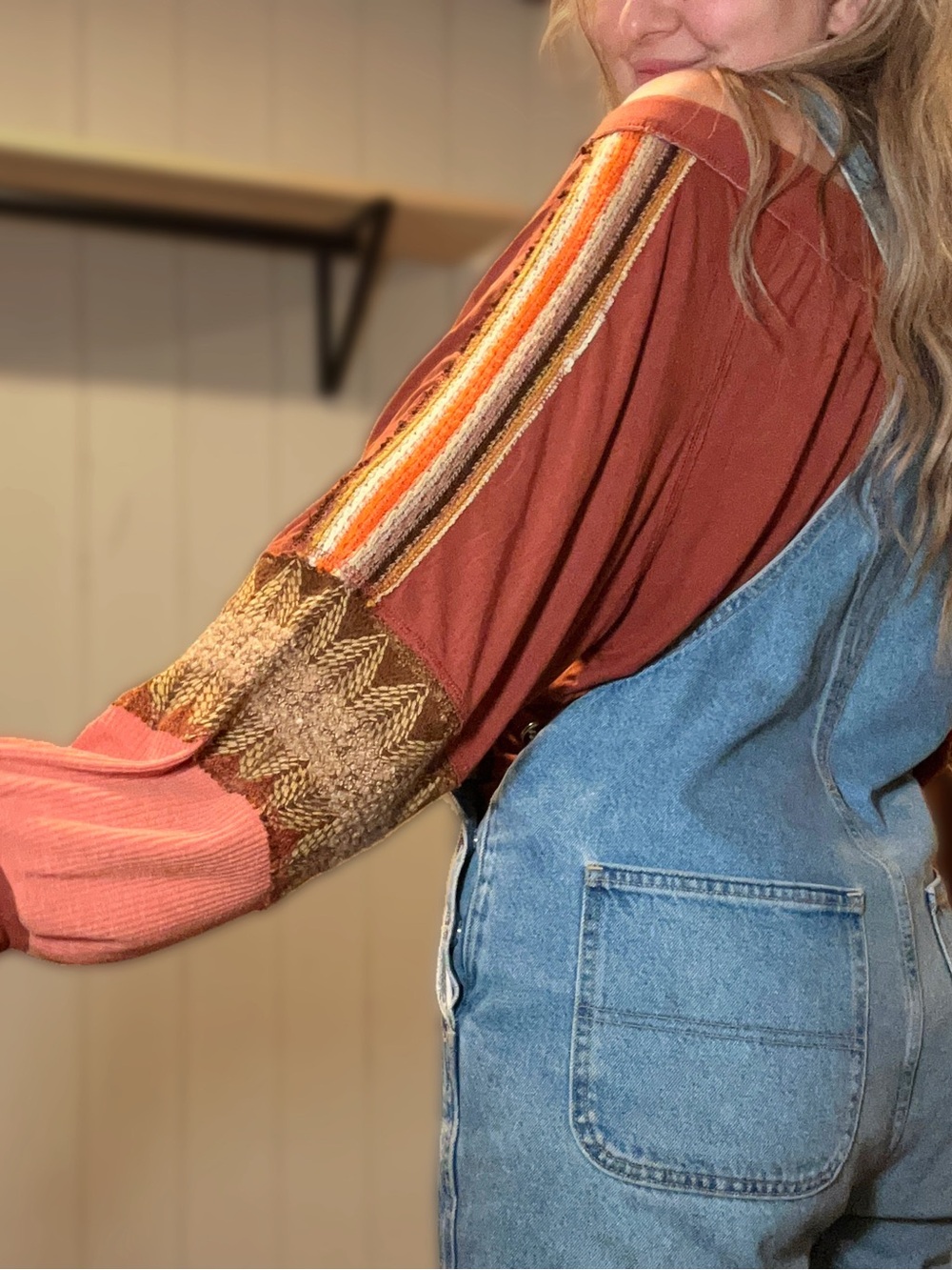 Boho Western Pol Textured V neck Long Sleeve V Back